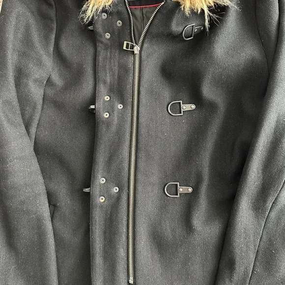 Tommy‎ Hilfiger Womens Wool Toggle Walker Pea Coat Size L Faux Fur Hood Preppy